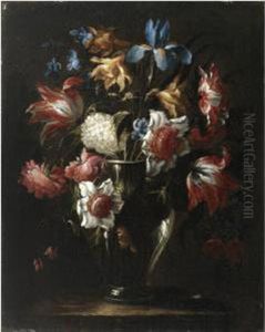 Still Life With Flowers In A
Glass Vase, Including Blue Irises Andparrot Tulips, Arranged On A Stone
Ledge by Juan De Arellano