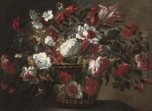 Tulips, Roses, Hydrangas And Other Flowers In A Wicker Basket On Aledge