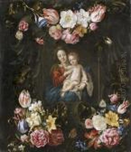 Vierge A L'enfant Dans Une Guirlande De Fleurs, D'apres - view 1
