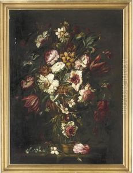 Roses, Iris, Hydrangea And 
Parrot Tulips In A Basket; And Narcissi, Roses, Iris And Other Flowers 
In A Basket, With A Bee And A Butterfly - view 1