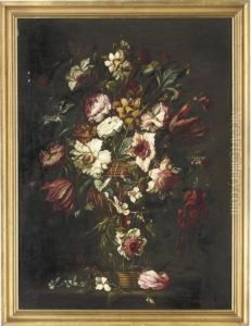 Roses, Iris, Hydrangea And
Parrot Tulips In A Basket; And Narcissi, Roses, Iris And Other Flowers
In A Basket, With A Bee And A Butterfly by Juan De Arellano