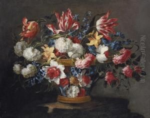 Snowballs, Daffodils, Tulips, Roses And Other Flowers In A Wicker Basket On A Ledge