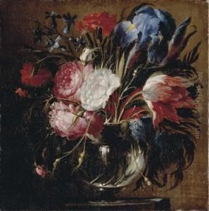 A Tulip, Carnations, Roses, Irises, Bluebells And Other Flowers by Juan De Arellano