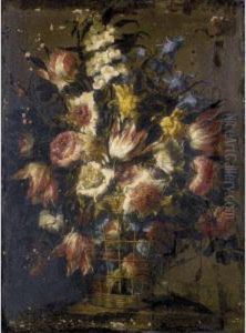 Still Life Of Flowers In A Wicker Basket by Juan De Arellano
