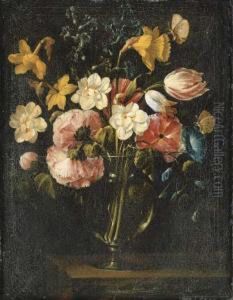 Roses, Clematis, A Tulip And Other Flowers by Juan De Arellano