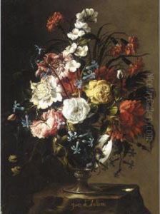 Still Life Of Roses, Carnations,
 Anemonies, Syringa, Peonies And Hyacinths In A Glass Vase, Upon A Stone
 Plinth by Juan De Arellano
