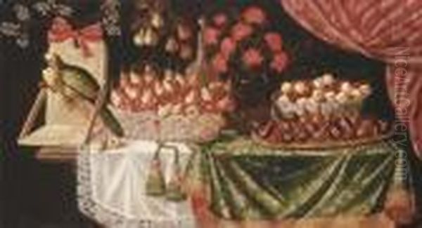 Pears And Marasca Cherries In A 
Basket, Apricots And Cherries In Aporcelain Bowl With Pears And Figs On A
 Plate, Carnations In Aglass Vase With A Parrot, Flowers And A Sprig Of 
Pear On Apartly-draped Table - view 1