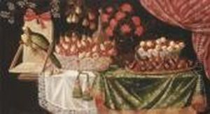 Pears And Marasca Cherries In A
Basket, Apricots And Cherries In Aporcelain Bowl With Pears And Figs On A
Plate, Carnations In Aglass Vase With A Parrot, Flowers And A Sprig Of
Pear On Apartly-draped Table by Josefa De Ayala