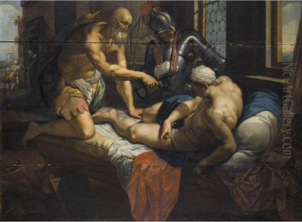 A Young Man On His Bed Being
Shown A Pair Of Mannacles By An Older Man, Possibly St. Leonard - view 1