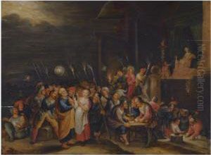 The Denial Of Saint Peter, Christ Led Before Caiaphas In Thebackground by Cornelis de Baellieur