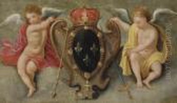 Two Putti Carrying The Royal Coat-of-arms Of France - view 1