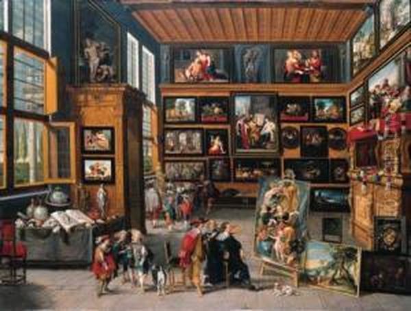 A Spacious Entrance Hall: The
Walls Hung With Pictures, Collectors'items On Tables, And An Artist
Showing A Painting To Aconnoisseur. - view 1