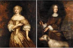 Portraits Of A Gentleman And His
 Wife, Both Half-length, He Wearing Brown And Holding A Musket With His 
Hound Beside Him, She Wearing A Gold Dress
