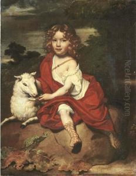 Portrait Of A Young Boy, Seated
Full-length, With A Sheep, On A Rock, A Wooded Landscape Beyond - view 1