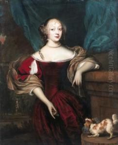 Portrait Of A Lady, Standing 
Three Quarter Length By A Drapedcolumn, Wearing A Decollete Red Dress, 
Lace Chemise, Brocade Wrapand Pearls, With Her Right Hand Pointing To 
Her Dog