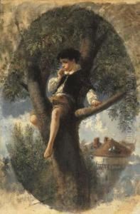 Jeune Garcon Perche Sur Un Arbre, Mangeant Des Cerises
