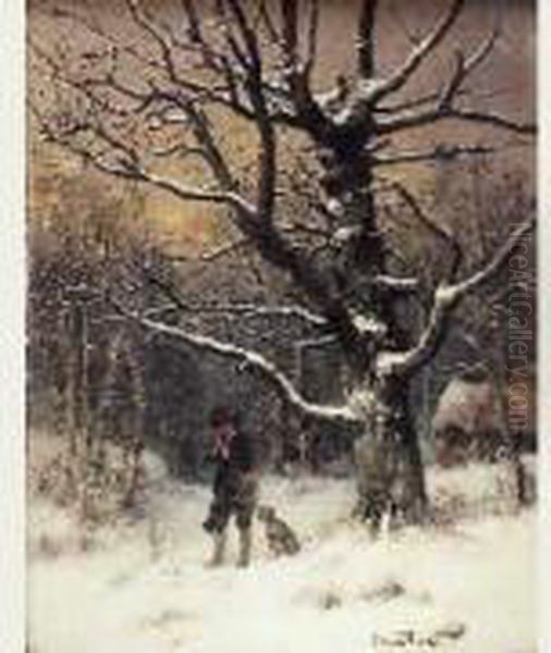 Chasseur Et Son Chien Dans La Neige - view 1