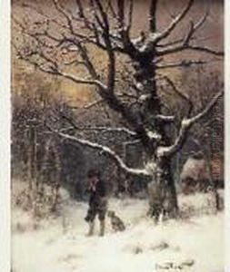 Chasseur Et Son Chien Dans La Neige by Tony Francis De Bergue