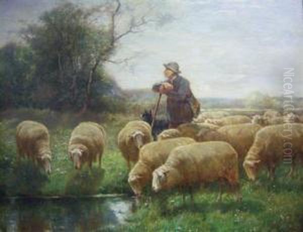 Depicting A Sheep Herder With His Flock - view 1