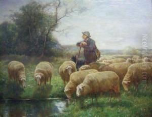 Depicting A Sheep Herder With His Flock by Franz De Beul