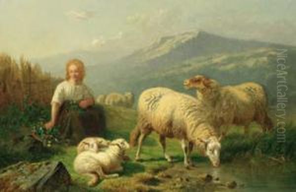 A Young Shepherdess And Her Flock In A Mountainous Landscape - view 1