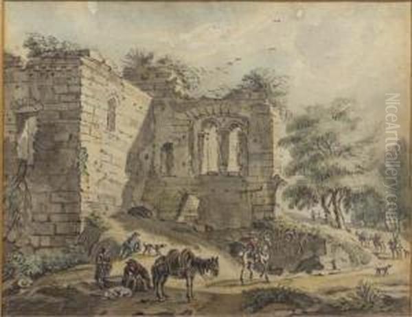 Travellers And Peasants With A
Packhorse On A Road By A Ruined Villa; And A Horseman And Peasants By A
Vaulted Ruin - view 1