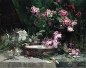 Still Life With Roses And Lillies by Marie De Bievre