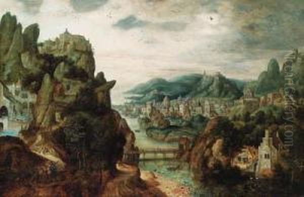 A Panoramic Mountain Landscape,
With An Extensive Town By A River,christ With Cleopas And Peter On The
Way To Emmaus In Theforeground, And The Subsequent Supper Taking Place
In A Gothicbuilding Beyond - view 1