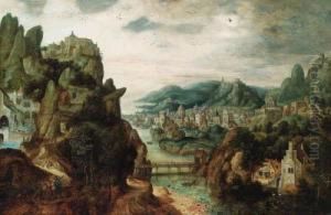 A Panoramic Mountain Landscape, 
With An Extensive Town By A River,christ With Cleopas And Peter On The 
Way To Emmaus In Theforeground, And The Subsequent Supper Taking Place 
In A Gothicbuilding Beyond