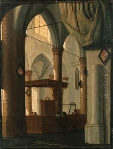 The Interior Of A Gothic Church
With An Elegant Couple, A Trompe-l'oeil Curtain Above Set Against A
Feigned Black Frame - view 1