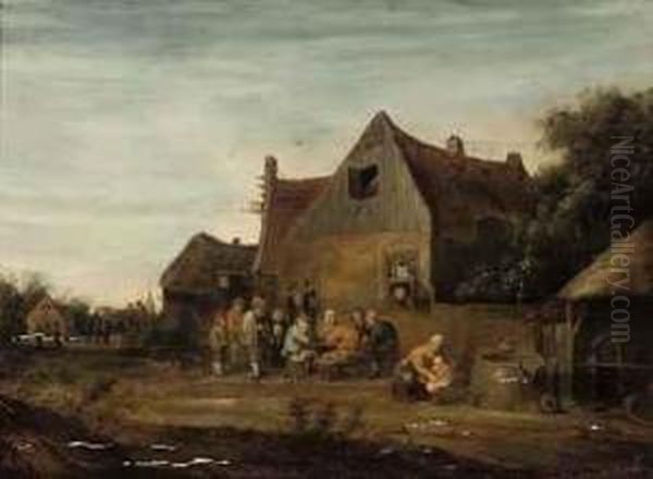 A Wooded Landscape With Peasants Outside A Tavern - view 1