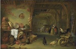 A Barn Interior With A Still 
Life Of Fish On A Plate, A Cabbage,earthenware And Copper Pots And Pans 
And Other Kitchen Utensils,together With A Boar And Three Chickens, A 
Group Of Peasants In Thebackground