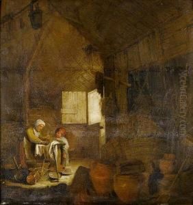 A Barn Interior With A Peasant Woman Scouringpans