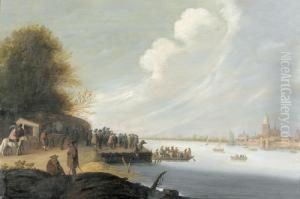 Flusslandschaft Mit Fahre Und Stadt