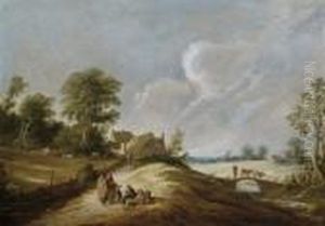 A Wooded Landscape With A Gypsy Family On A Track