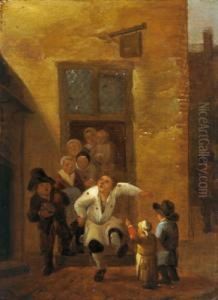 Un Ragazzo Con Una Raganella E Altri Bambini Allegri Davanti A Un""""osteria by Pieter de Bloot