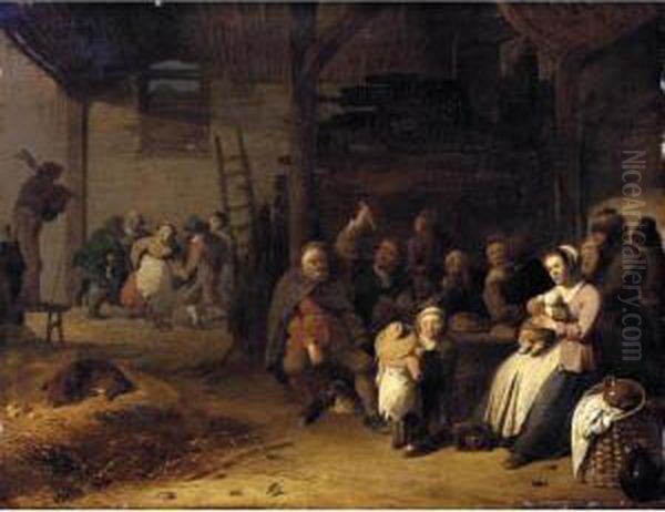 A Barn Interior With Peasants Eating And Dancing To The Music Of Bagpipes - view 1