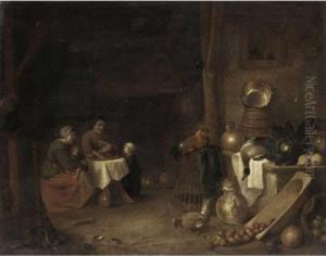 A Barn Interior With A Still 
Life Of Kitchen Utensils And A Peasant Family Seated Round A Table by Pieter de Bloot
