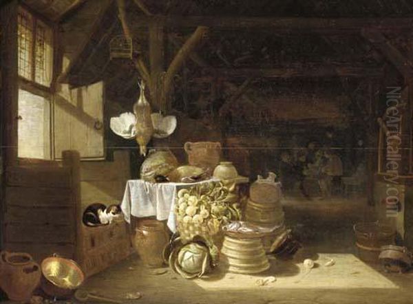 A Kitchen Interior With Boors Smoking In The Background - view 1