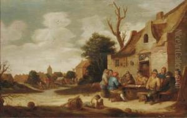 Boors Smoking And Drinking Outside An Inn, A Village In Thedistance - view 1