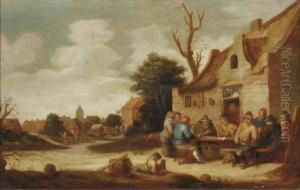 Boors Smoking And Drinking Outside An Inn, A Village In Thedistance