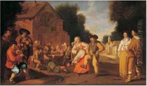 Scene De Danse Paysanne Devant Une Auberge by Pieter de Bloot