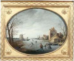 Patineurs Sur Une Riviere Gelee Pres D'un Moulin