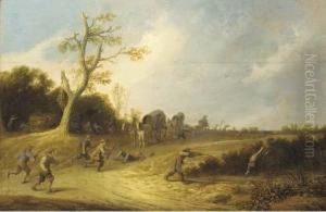 A Dune Landscape With Bandits Ambushing Travellers In Wagons