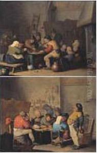 Tavern Interior With Boors Carousing And Eating Mussels;
 Interior With Boors Feasting