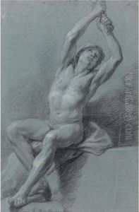 A Seated Male Nude, Arms Raised, Pulling On A Cloth by Louis de, the Younger Boulogne