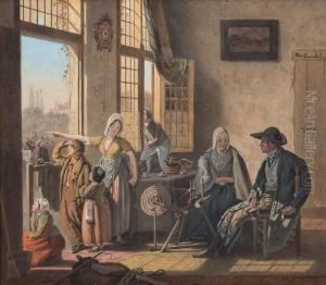 Stubeninterieur Mit Familie Am Fenster