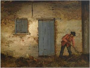 A Peasant At Work In Front Of A Farmhouse by Henri De Braeckeleer