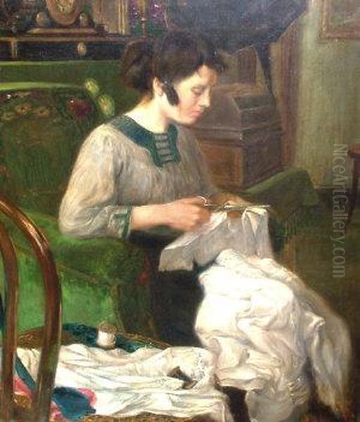 Portrait Of A Lady Sewing In An Interior - view 1