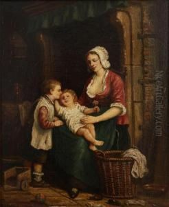 Mother And Two Children Near The Fire Place by Adrien Ferdinand de Braekeleer